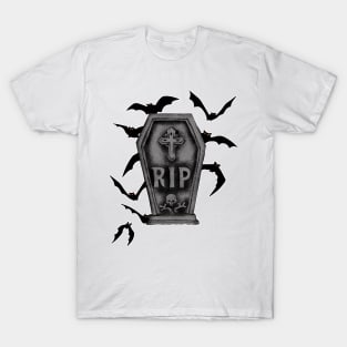 tombstone with cross, skull and bats background T-Shirt